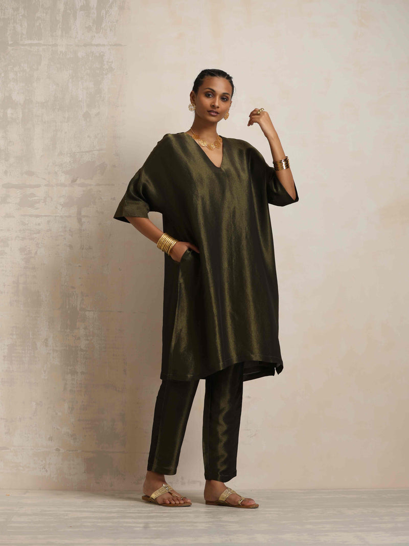 trueBrowns Olive Green Tissue Kurta Co-ord Set