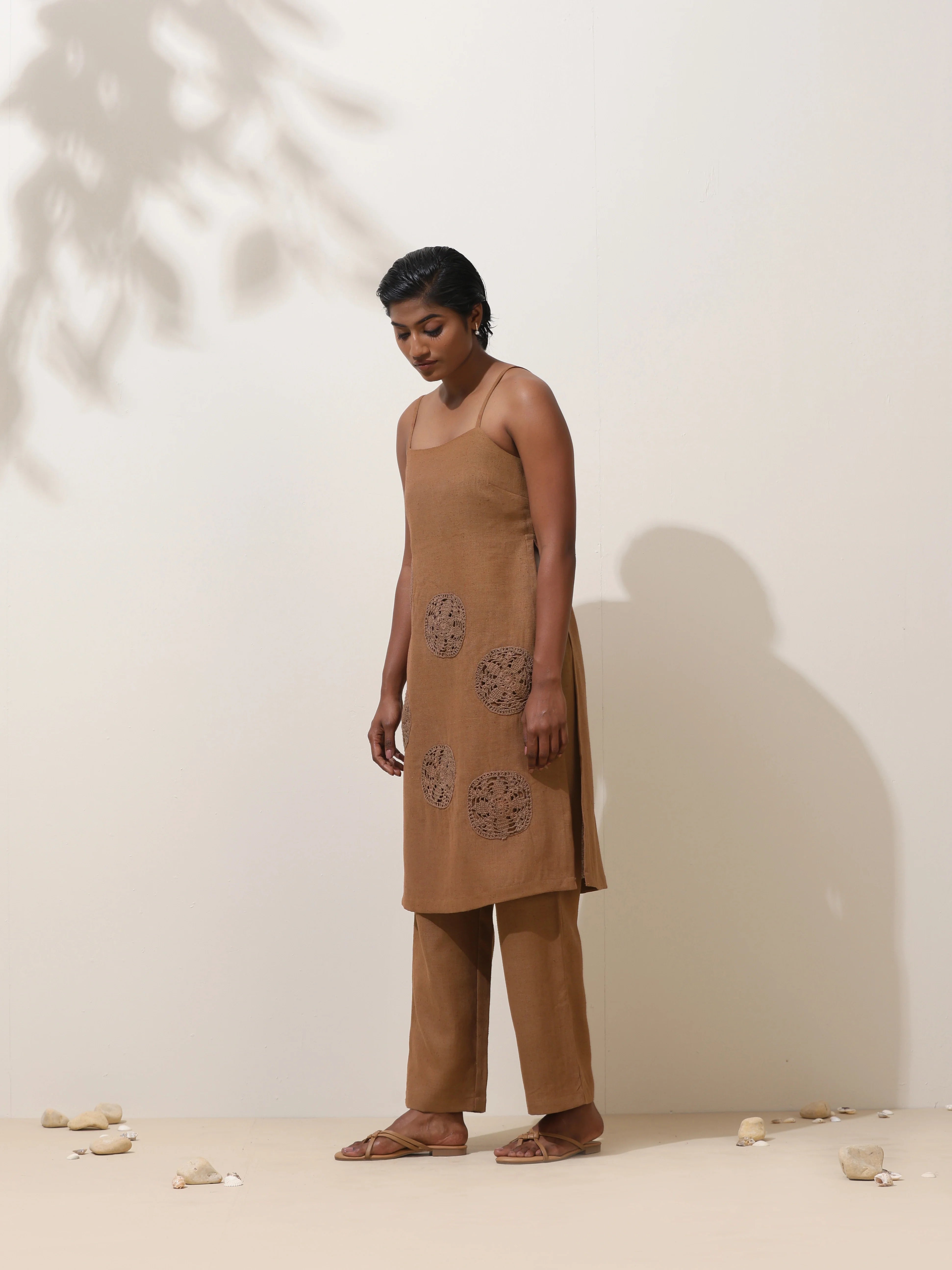 trueBrowns Kora Brown Crochet Natural Cotton Kurta Co-ord Set