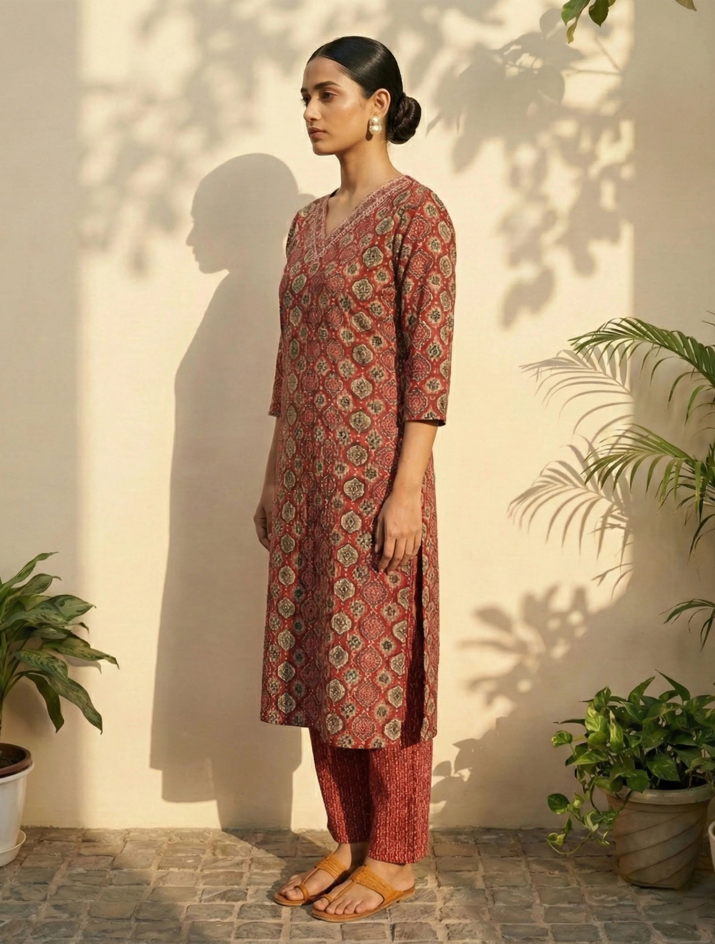 trueBrowns Red Print Embroidered V-Neck Kurta Pant Dupatta Set