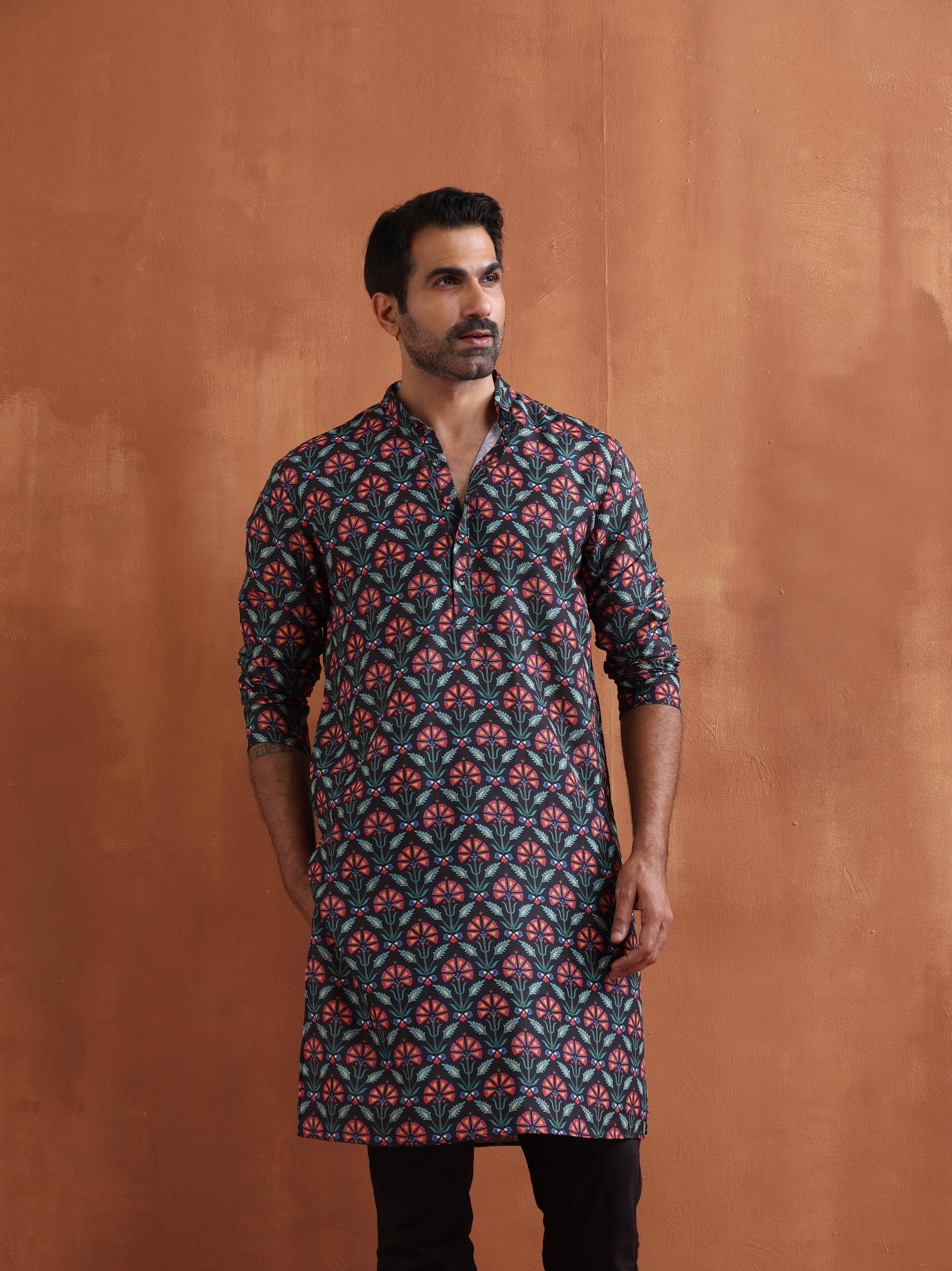 trueBrowns Men's Black Floral Printed Kurta