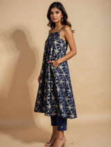 trueBrowns Blue Brocade Straight High-Slit Kurta Co-ord Set