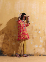 trueBrowns Red Mustard Jaal Print Muslin SIlk A-Line Co-ord Set
