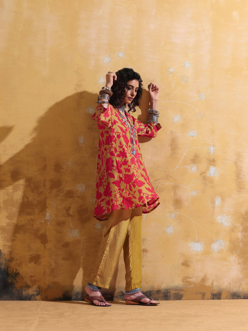 trueBrowns Red Mustard Jaal Print Muslin SIlk A-Line Co-ord Set