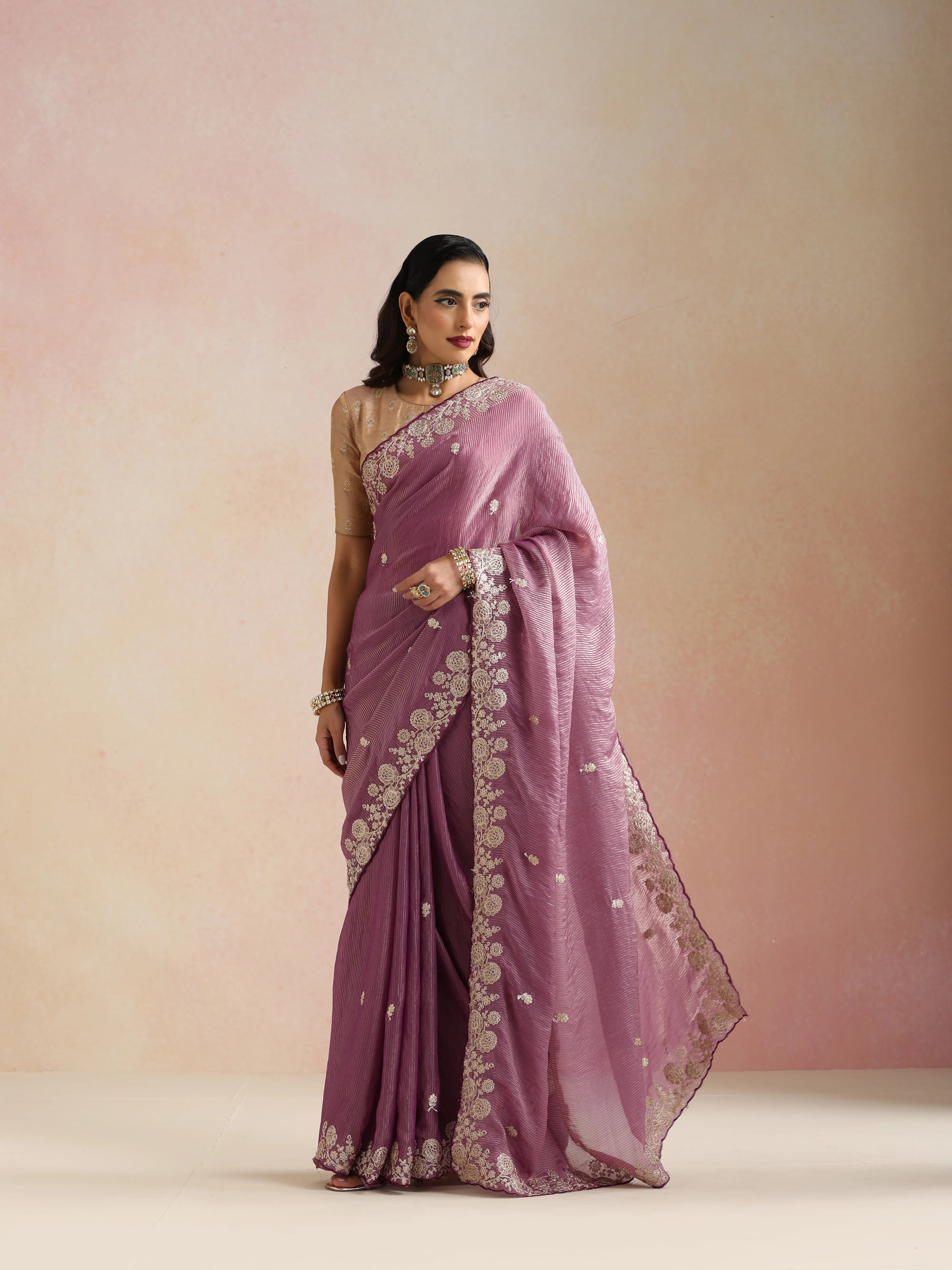 trueBrowns Purple Tissue Stripe Embroidery Weave Saree With Unstitched Blouse