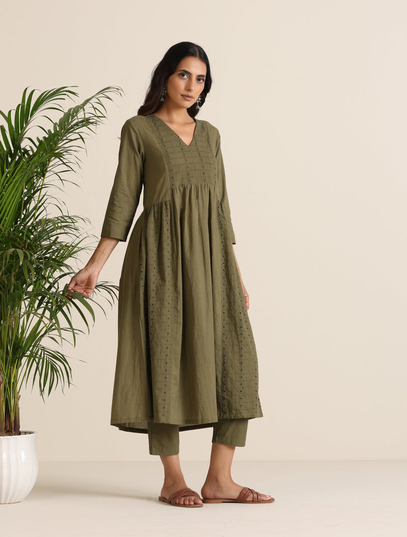 trueBrowns Olive Cotton Cutwork Embroidered Kurta Set