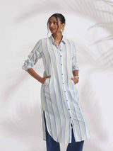 trueBrowns White Cotton Multi Stripe Shirt Kurta Set