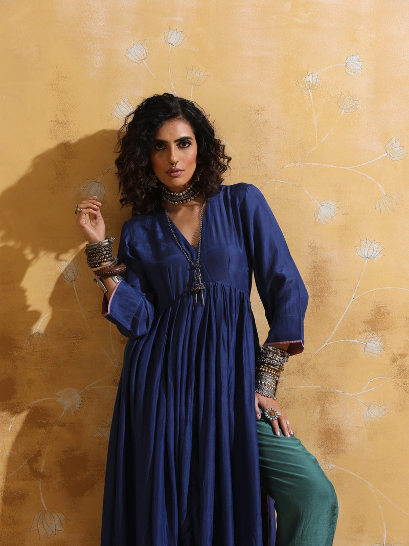 trueBrowns Blue Muslin Silk Anarkali Kurta Pant Set