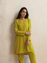 trueBrowns Lime Velvet Kurta Co-ord Set