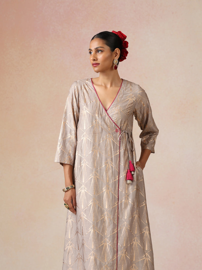 trueBrowns Grey Rose-Gold Foil Print Angrakha Kurta Set