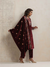 trueBrowns Maroon Velvet Floral Embroidered Kurta Pant Dupatta Set