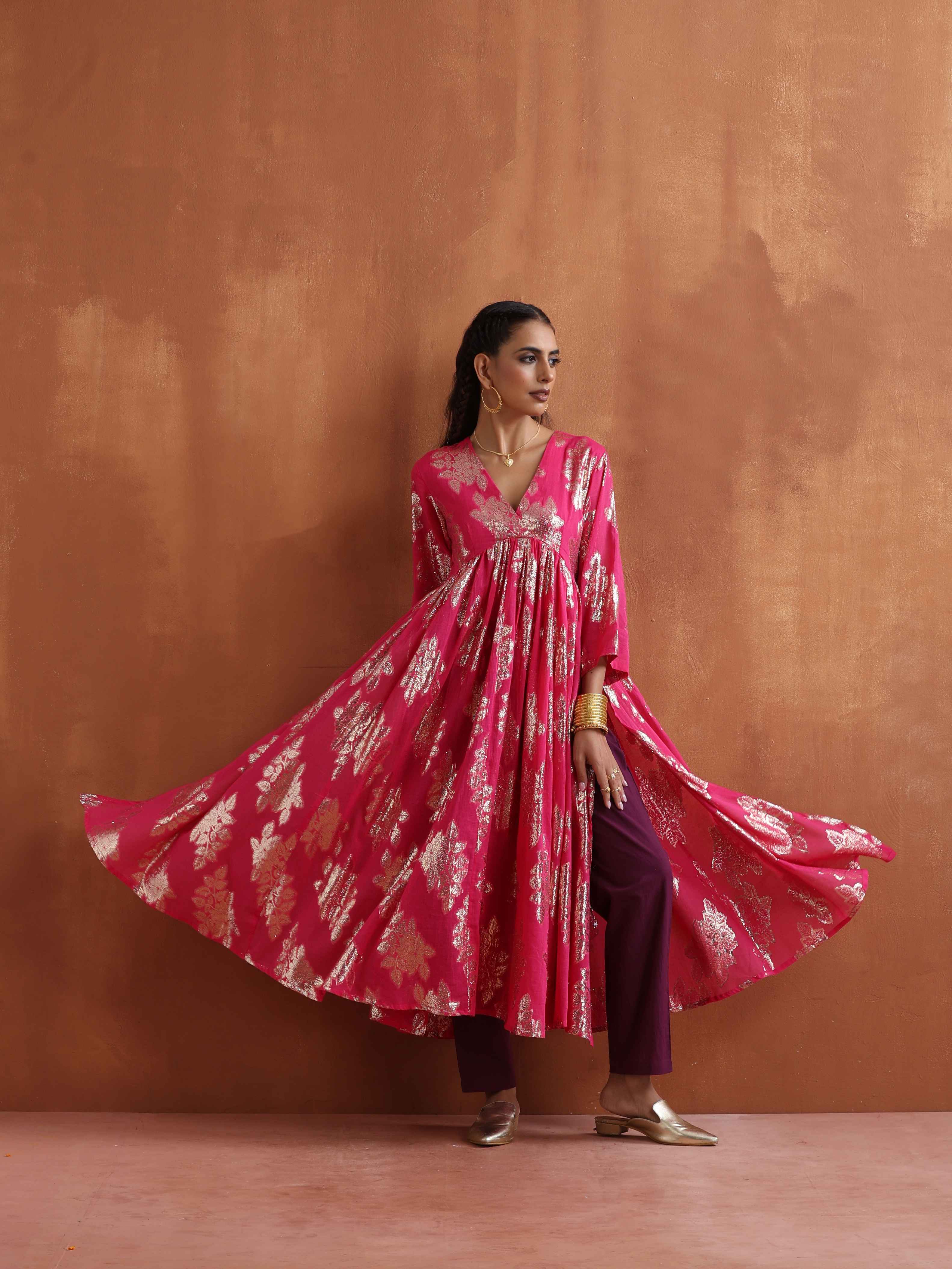 trueBrowns Pink Metallic Flared Anarkali Kurta Set