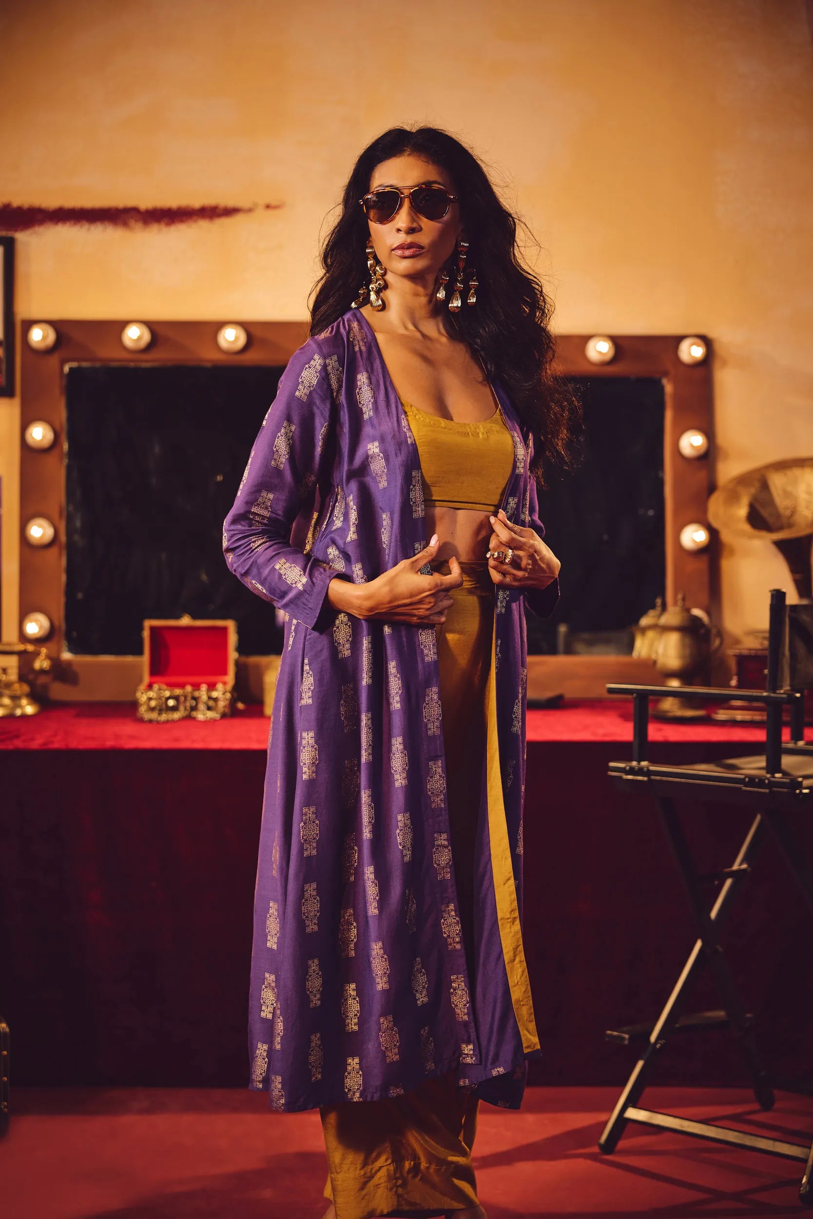 trueBrowns Mustard and Purple Gold Foil Print Muslin Silk Jacket Set