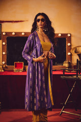 trueBrowns Mustard and Purple Gold Foil Print Muslin Silk Jacket Set