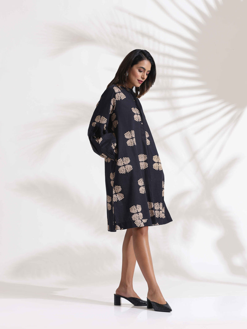 trueBrowns Black Cotton Print Short Dress