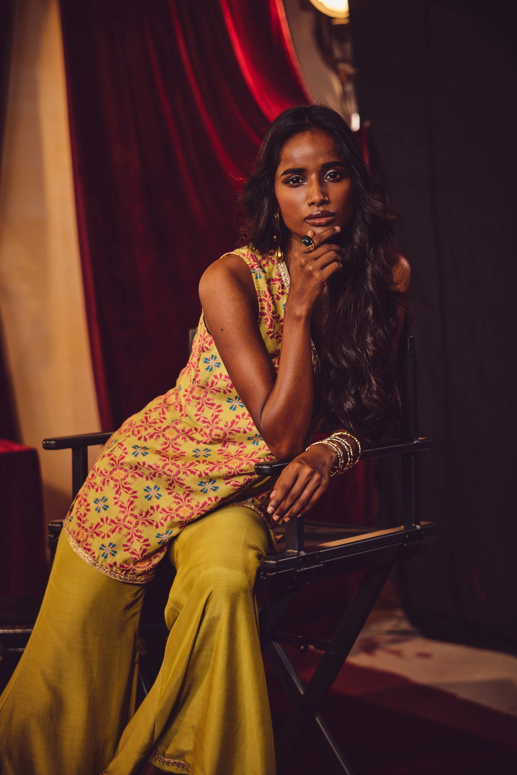 trueBrowns Light Green Pink Jaal Print Viscose Jacket and Flared Pants Co-ord Set