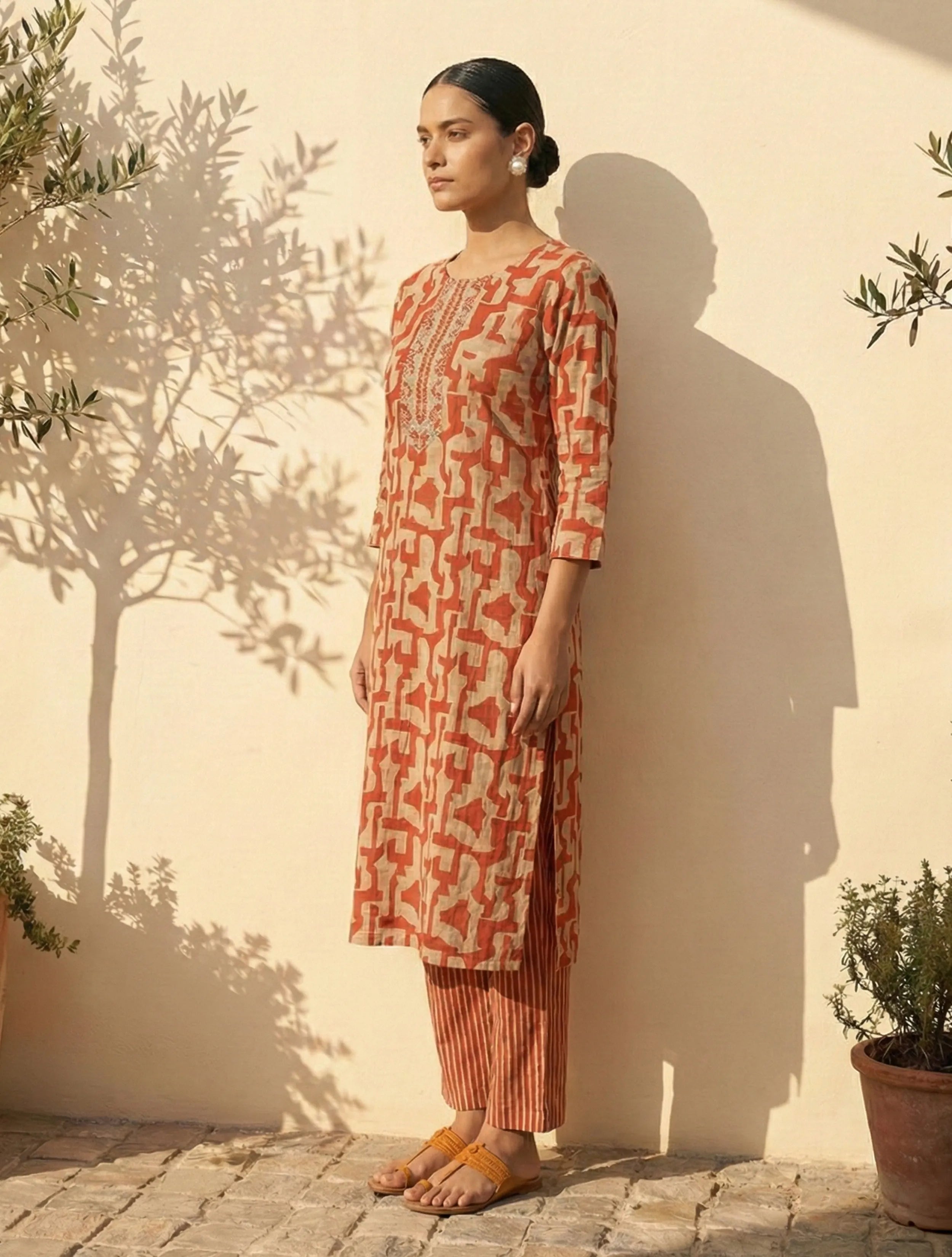 trueBrowns Orange Abstract Print Embroidered Kurta Pant Dupatta Set