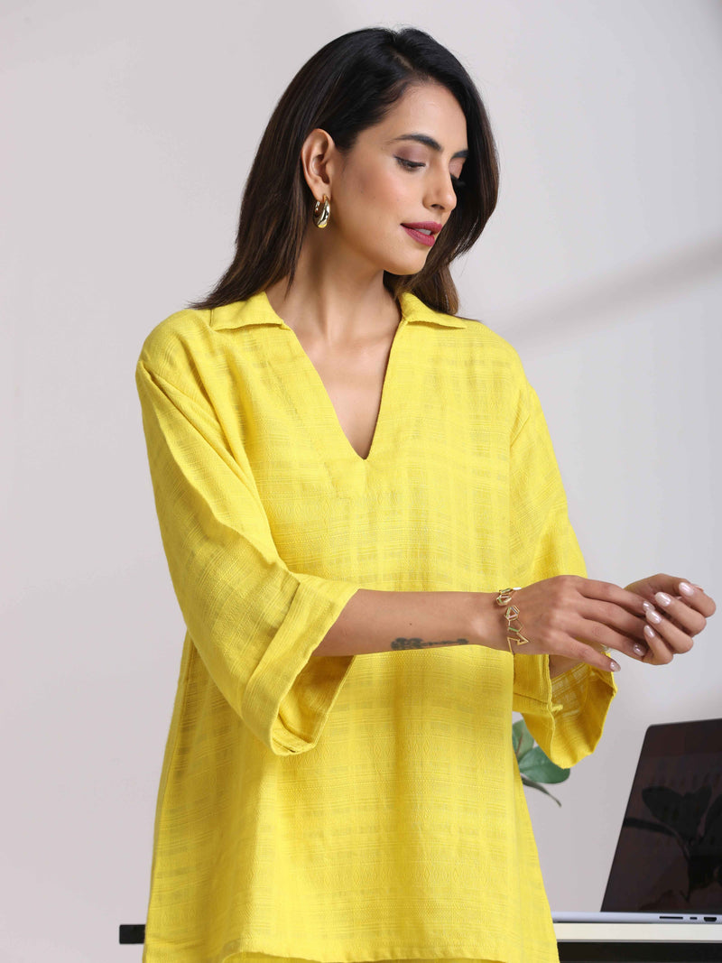 trueBrowns Lime Cotton Dobby V-Neck Co-ord Set