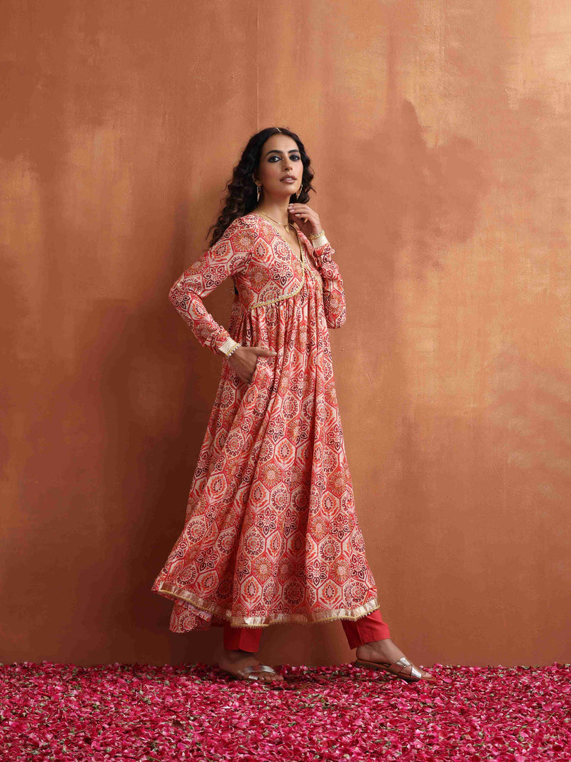 trueBrowns Beige Print Flared Anarkali Kurta Set