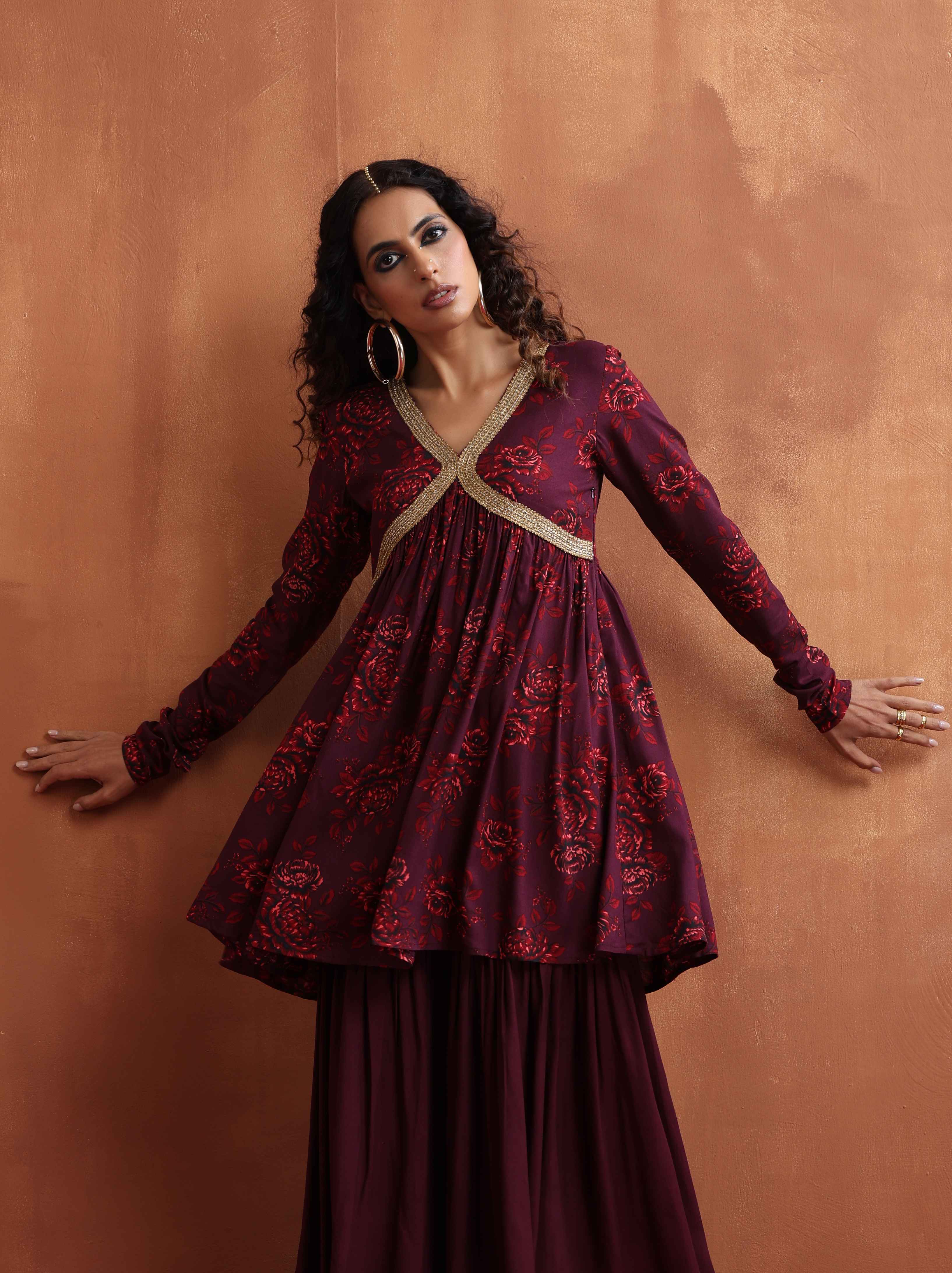 trueBrowns Purple Floral Print Sharara Set