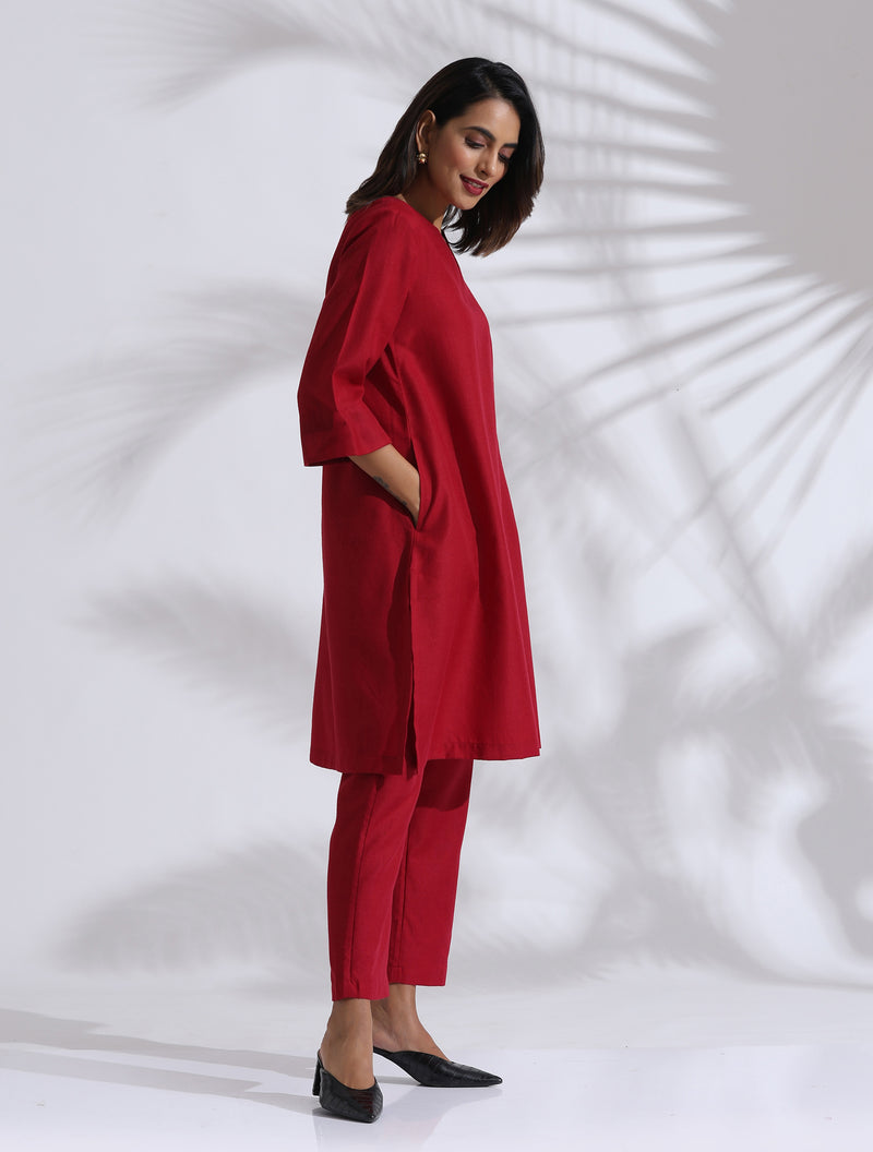 trueBrowns Maroon Slub Kurta Co-ord Set