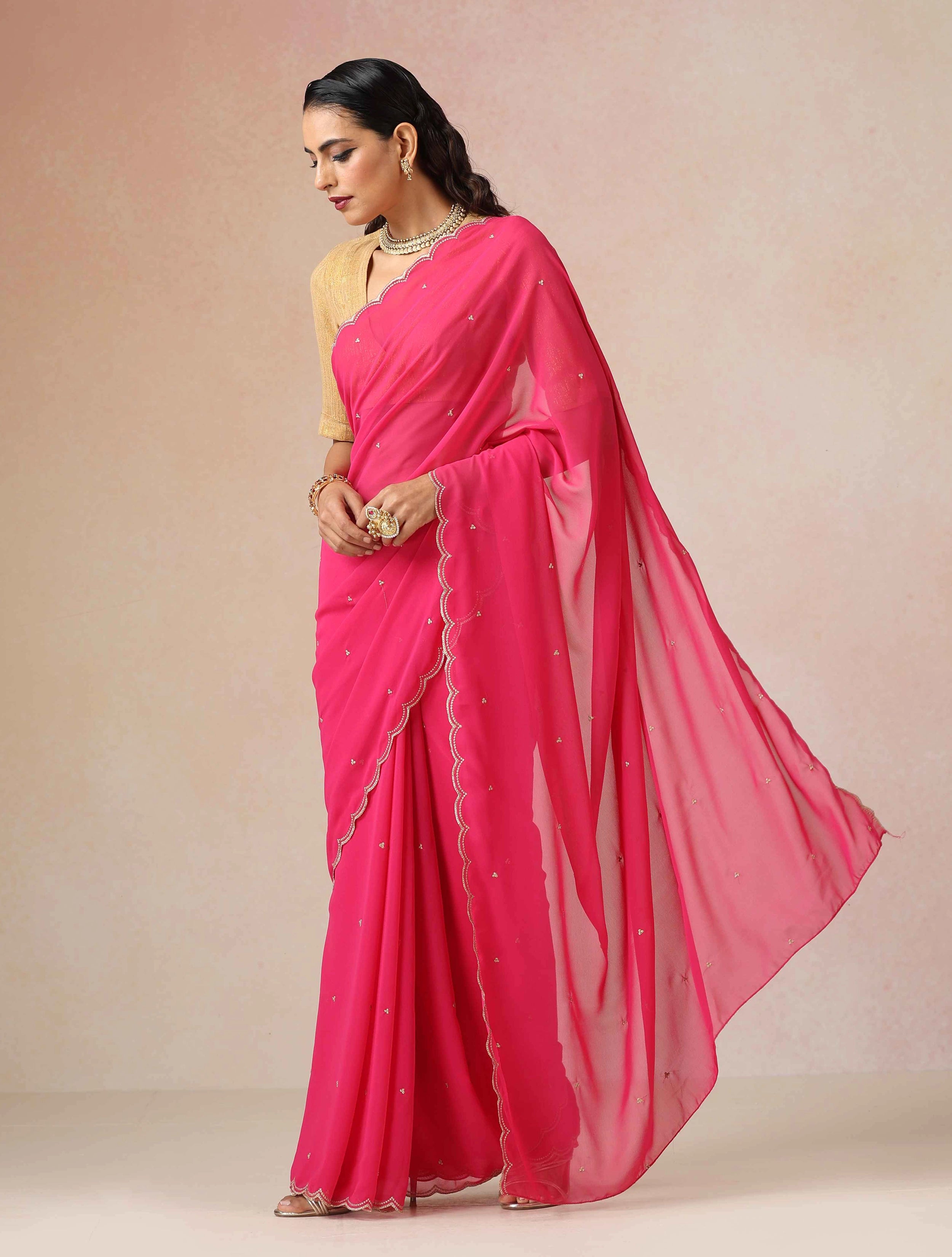 trueBrowns Pink Georgette Embroidered Saree With unstitched Blouse