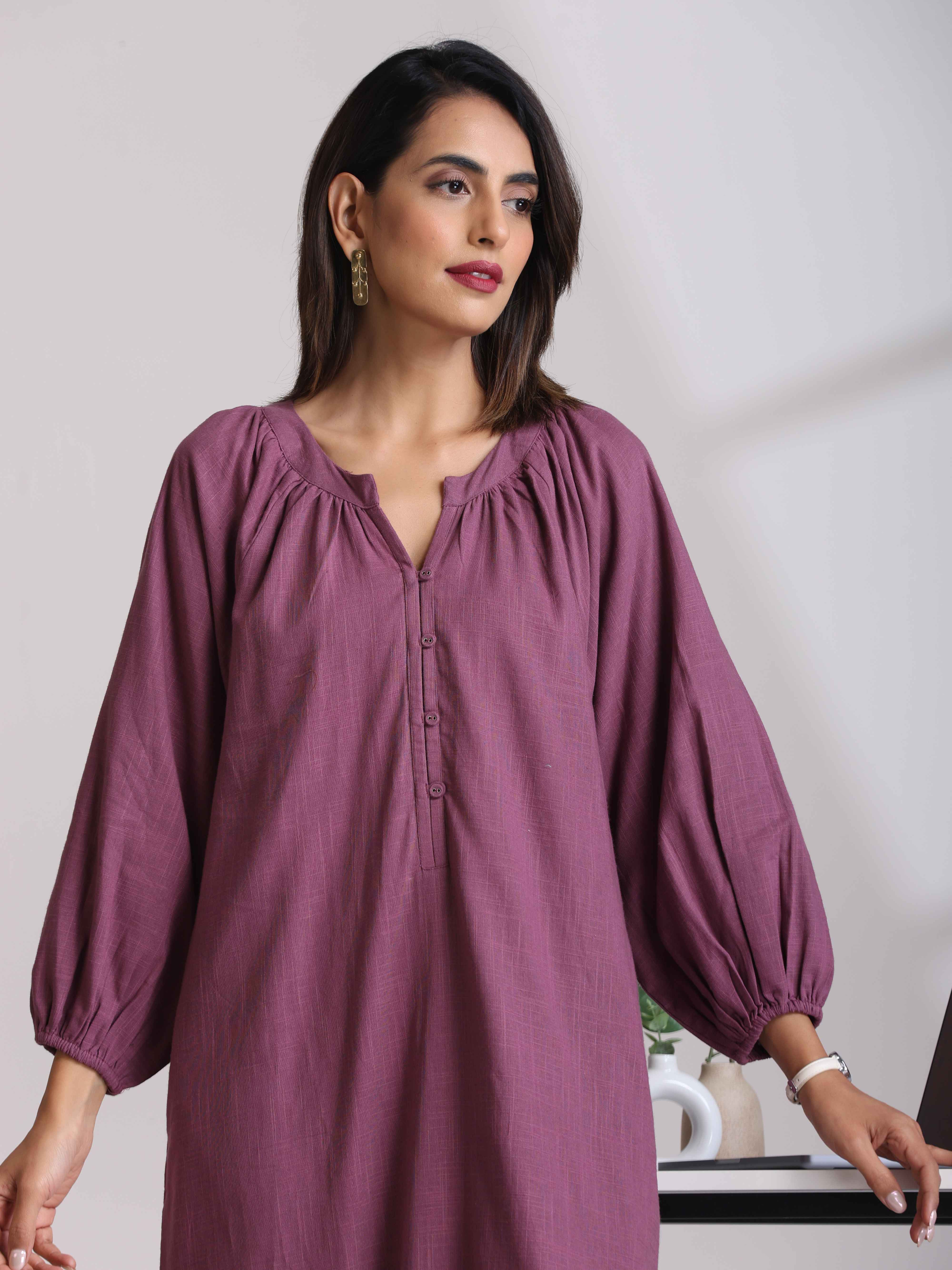 trueBrowns Light Purple Cotton Dobby Dress