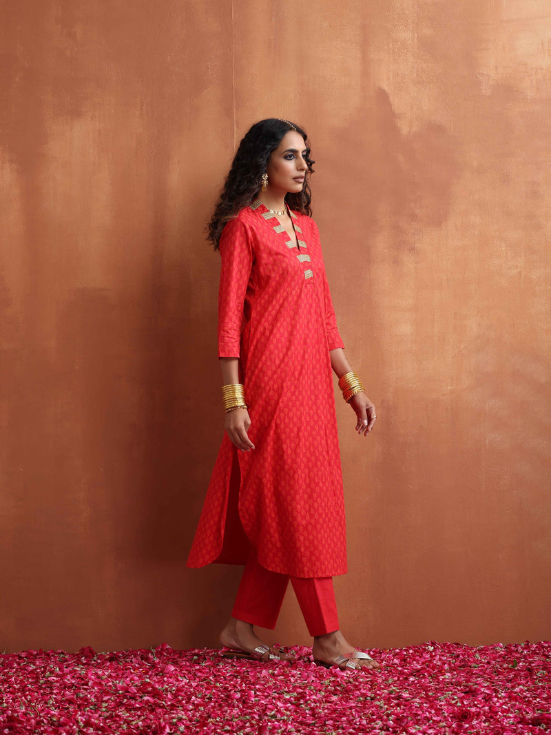 trueBrowns Red Print A-line Kurta Set