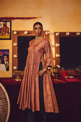 trueBrowns Peach Gold Foil Print Muslin Silk Anarkali High-Slit Kurta Set