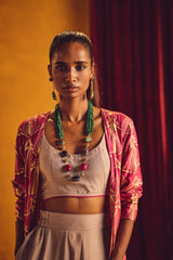 trueBrowns Grey and Pink Gold Foil Print Muslin Silk Jacket Set