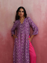 trueBrowns Purple Muslin Silk Printed Kurta Set