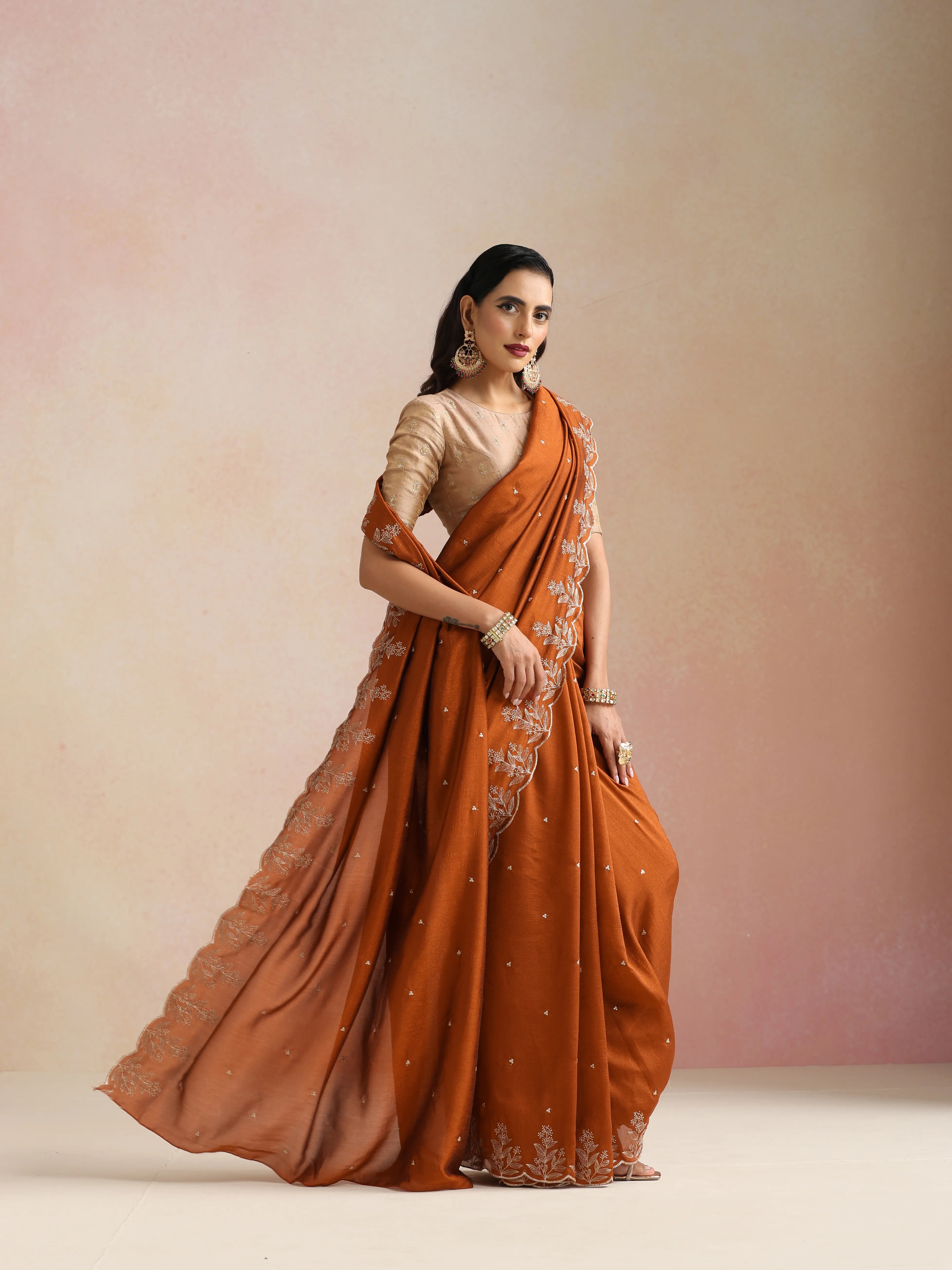 trueBrowns Rust All Over Zari Embroidered Saree With Unstitched Blouse