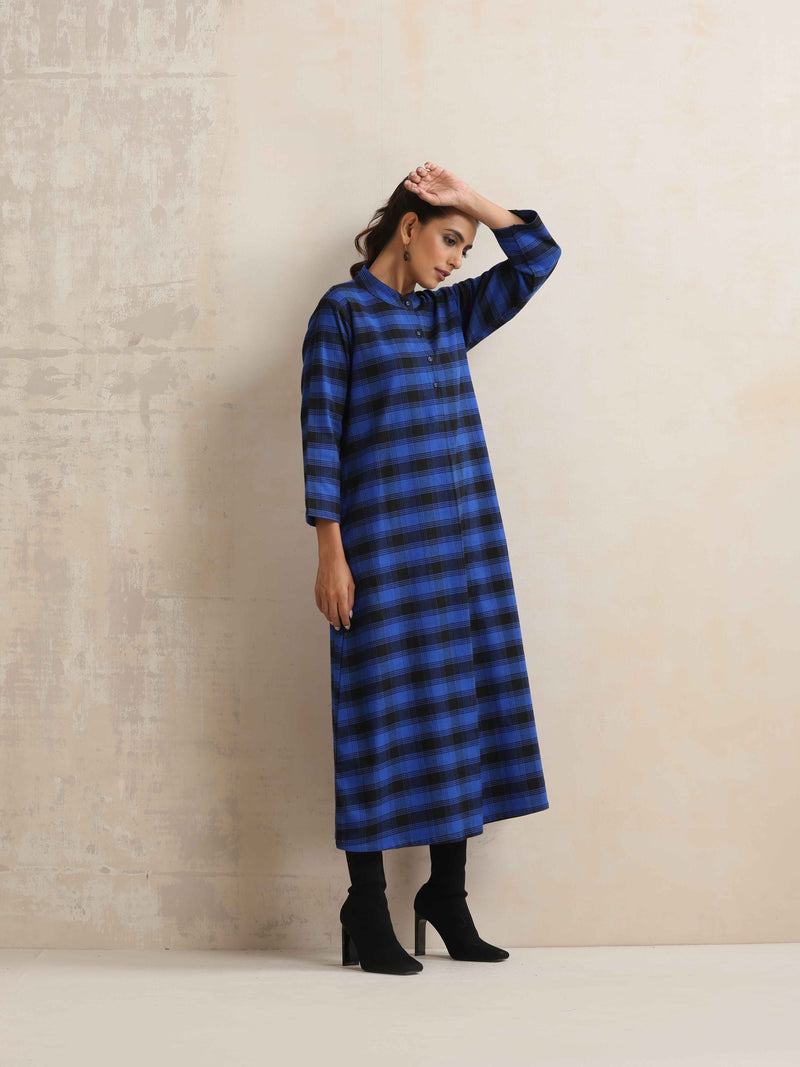 trueBrowns Blue Check Flared Winter Dress