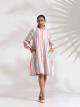 trueBrowns Off-White Cotton Multi Stripe Short Dress