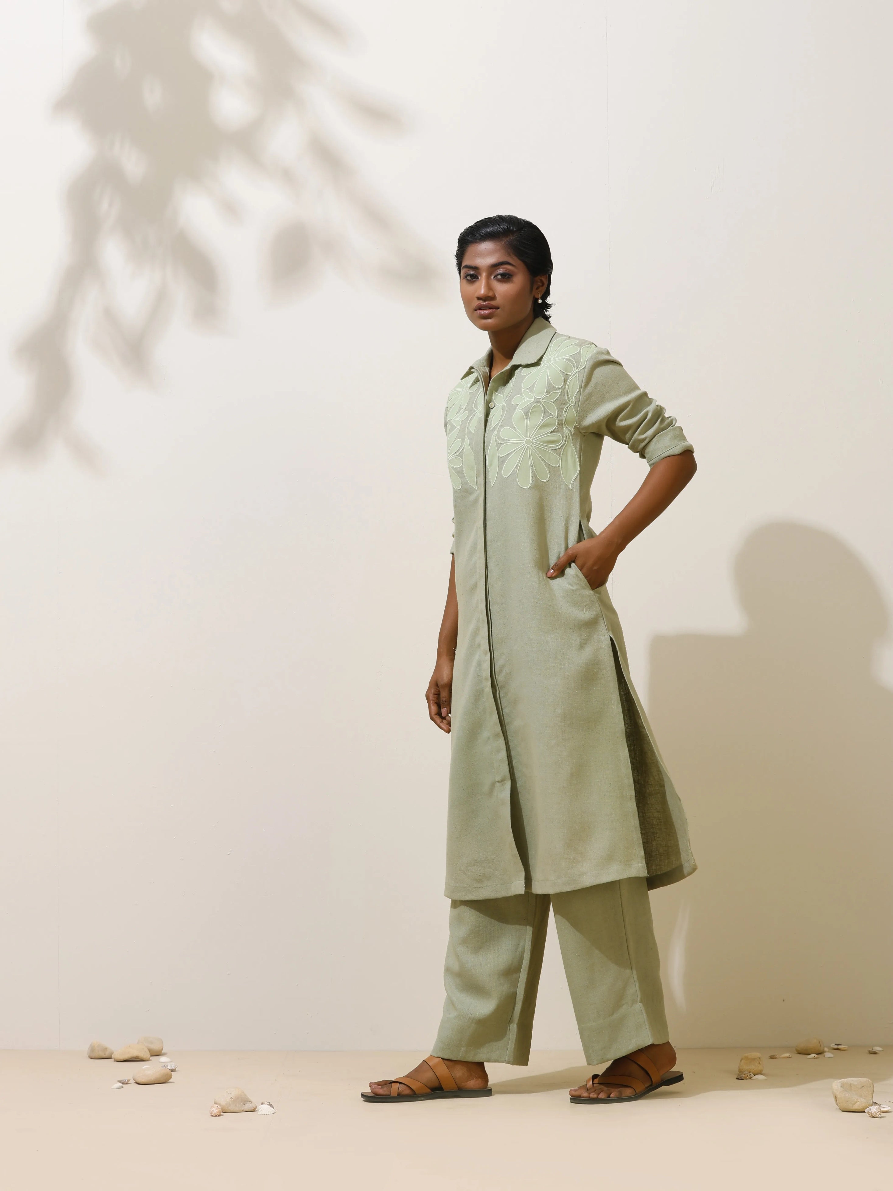 trueBrowns Clover Green Embroidered Natural Cotton Kurta Pant Set