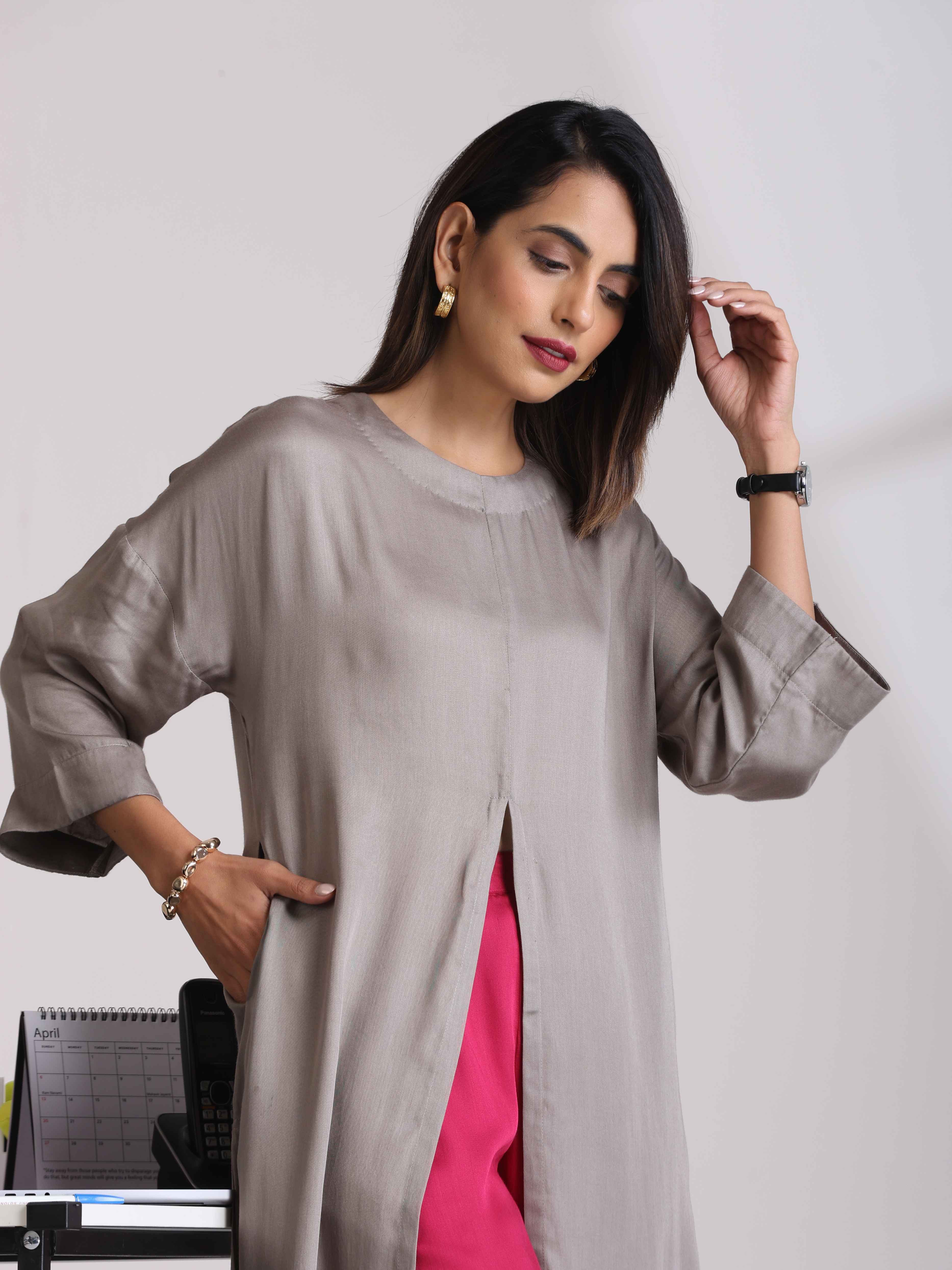trueBrowns Grey High Slit Modal Kurta Set