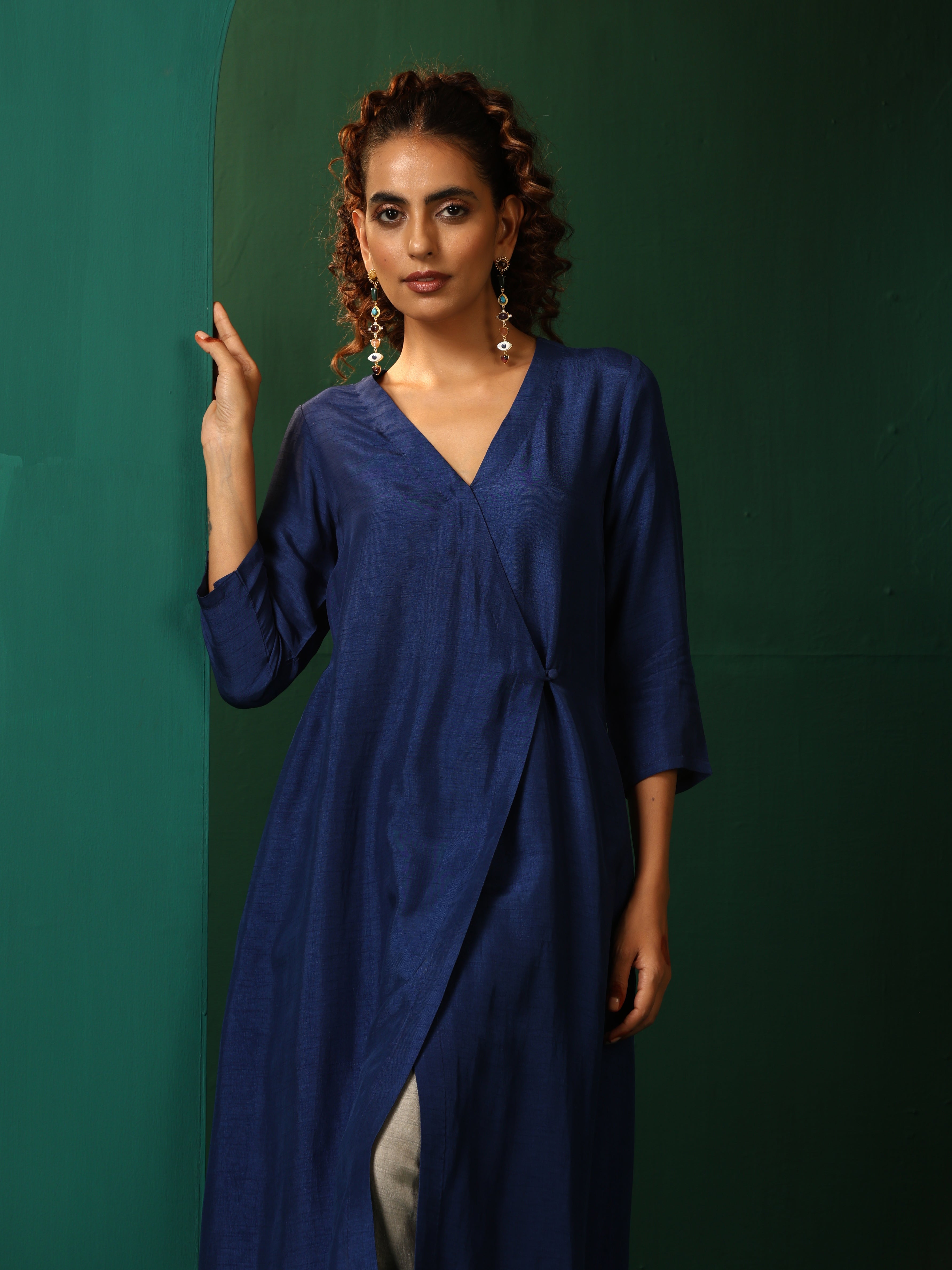 trueBrowns Blue Silk Angrakha Kurta Pant Set