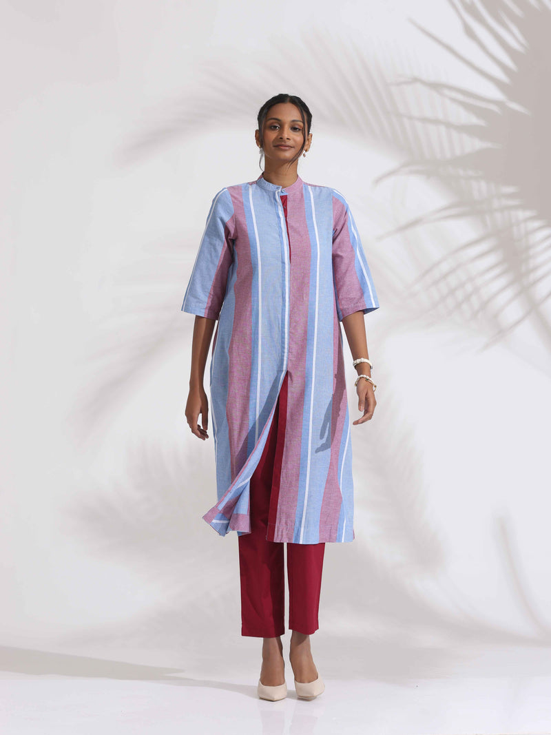 trueBrowns Blue Cotton Stripe Straight Kurta Set