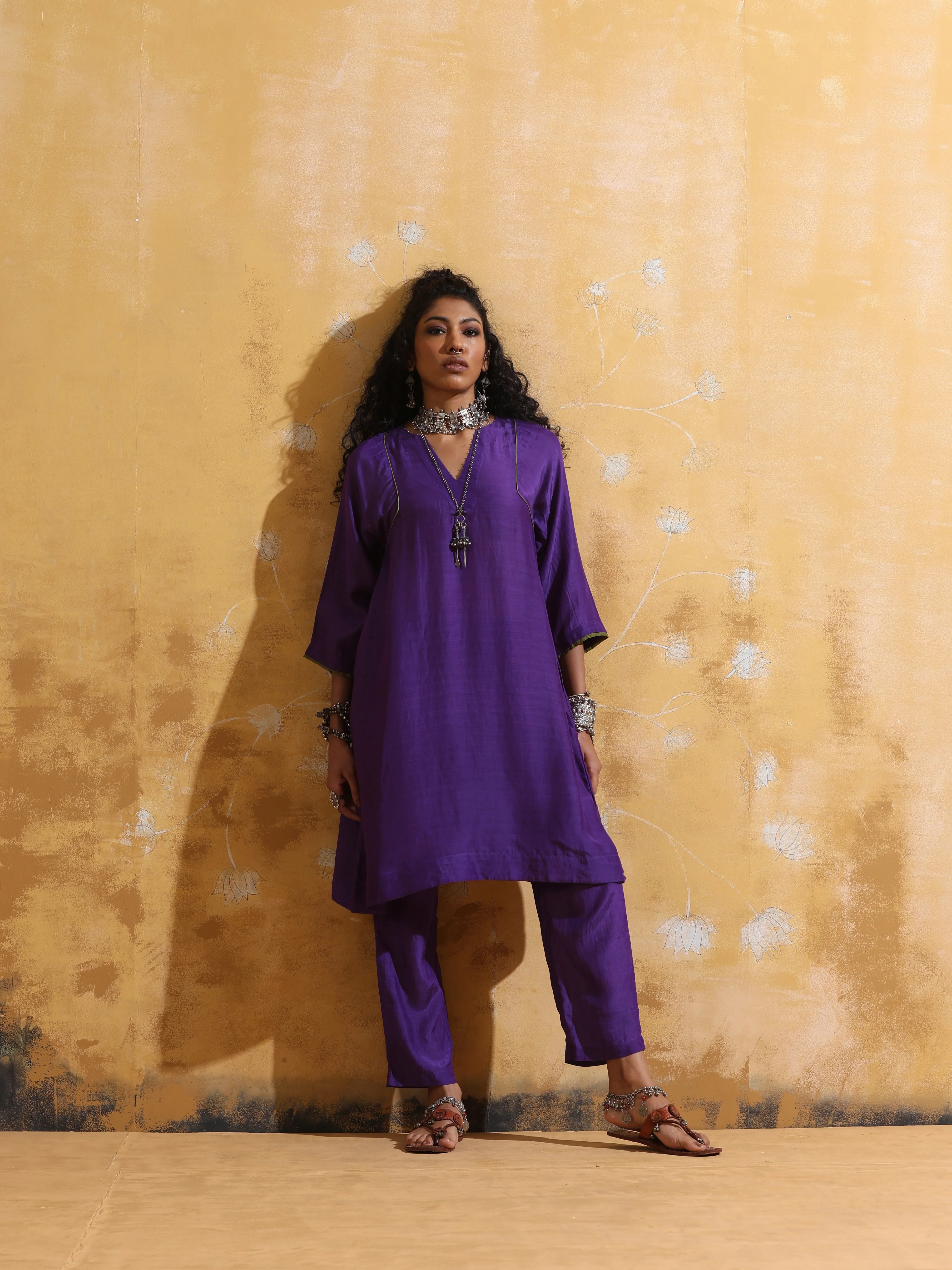 trueBrowns Purple Muslin Silk A-line Kurta Co-ord Set