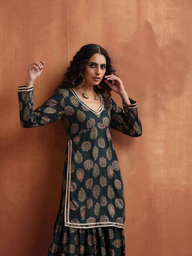 trueBrowns Green Foil Print Sharara Set