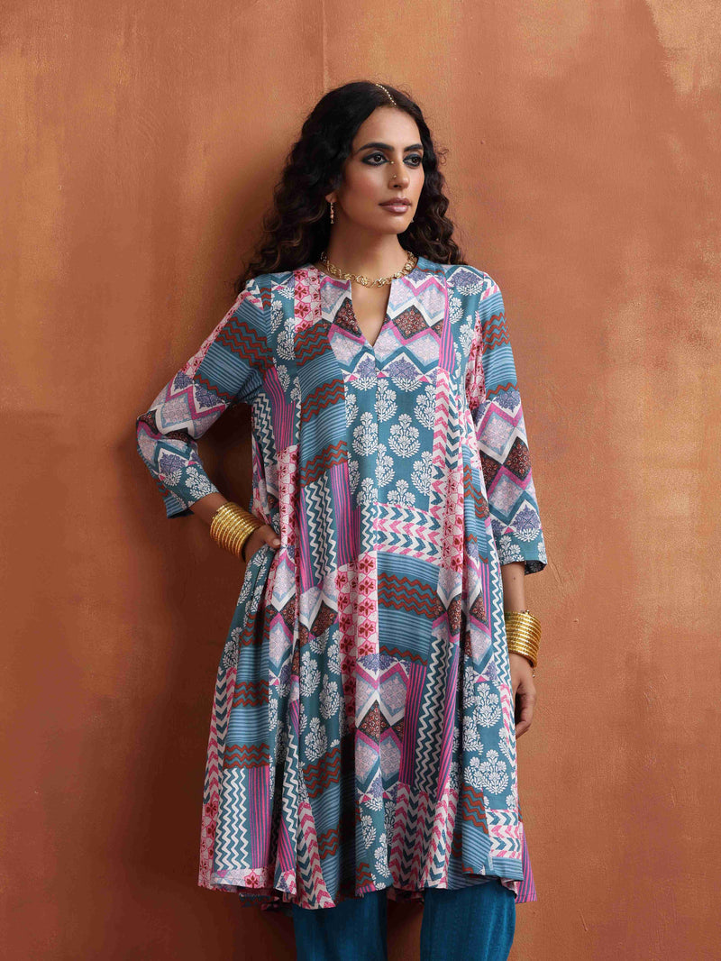 trueBrowns Blue Print Flared Anarkali Kurta Co-ord Set