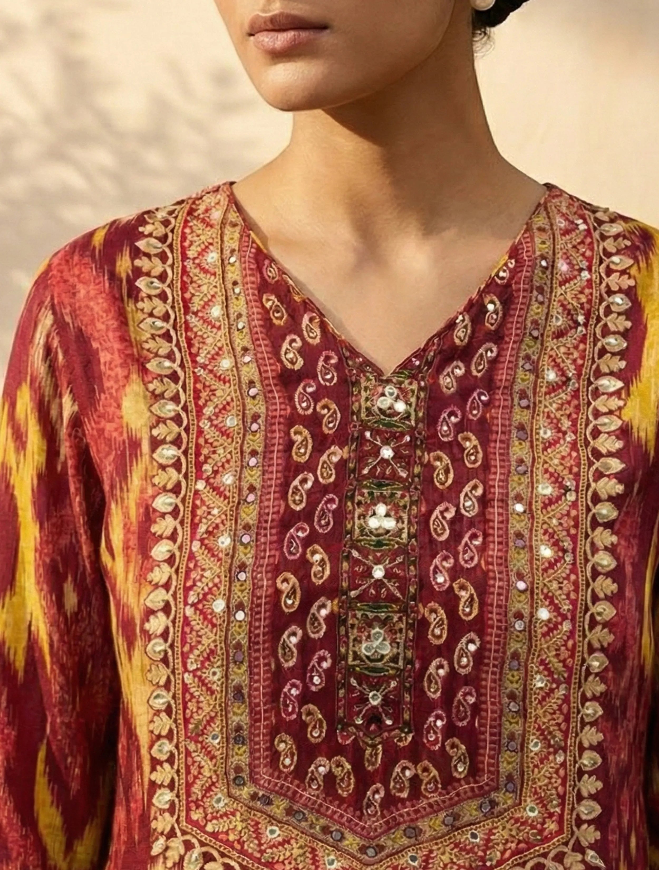 trueBrowns Red Ikat Print Embroidered V-Neck Kurta Pant Dupatta Set