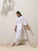 trueBrowns Off White Cotton Linen Angrakha Kurta Pant Set