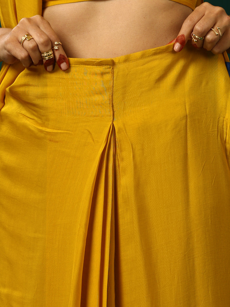 trueBrowns Mustard Muslin Silk Pre-Stitched Saree