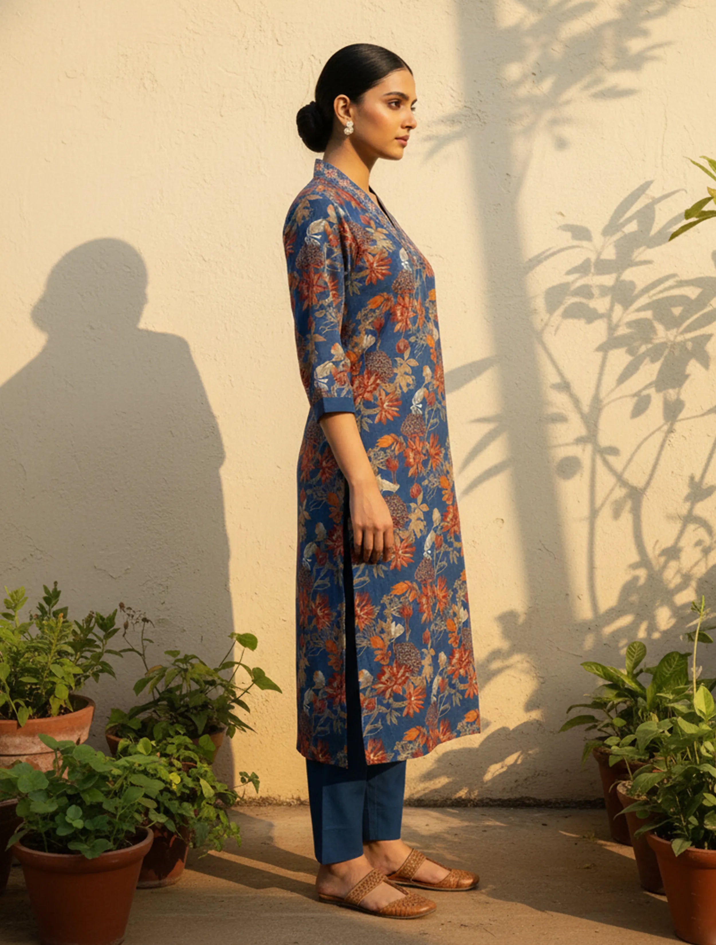 trueBrowns Blue Floral Print Embroidered Kurta Pant Dupatta Set