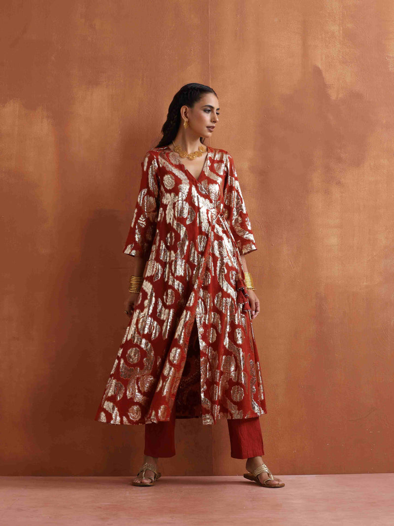 trueBrowns Rust Metallic Angrakha Kurta Set