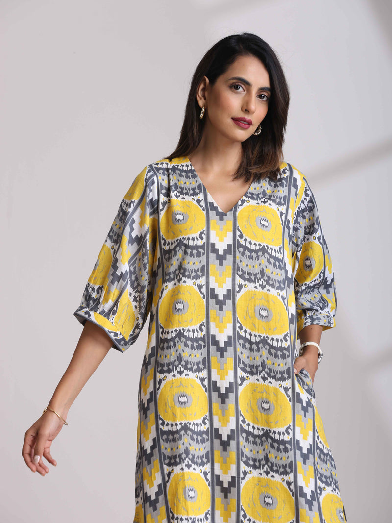 trueBrowns Yellow Cotton Ikat Slit Dress