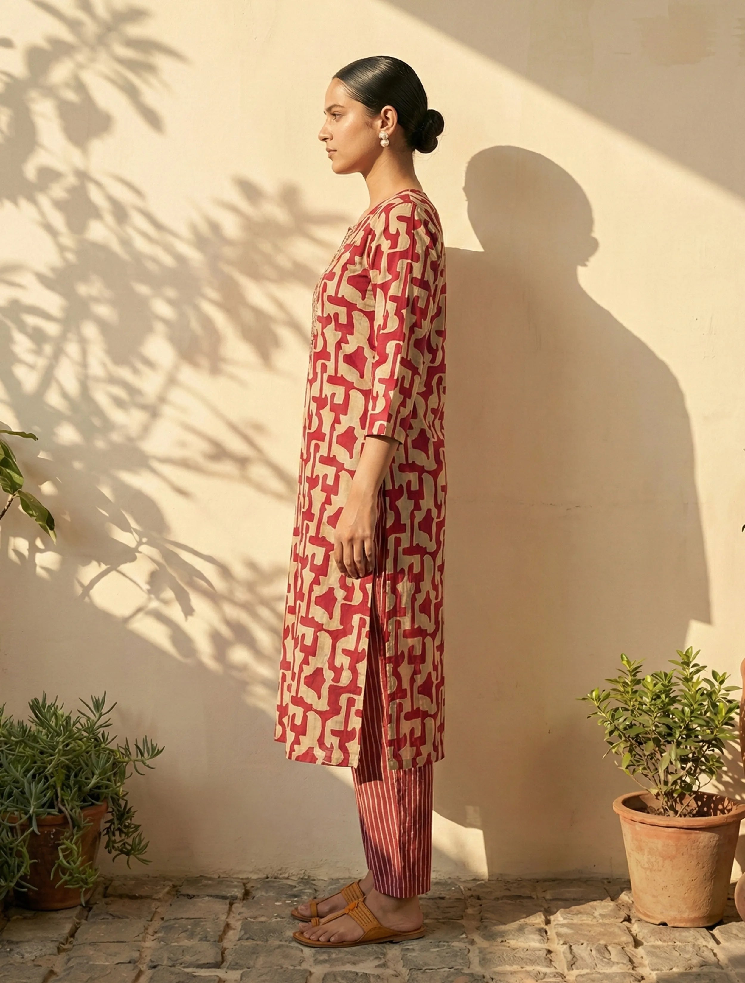 trueBrowns Pink Abstract Print Embroidered Kurta Pant Dupatta Set