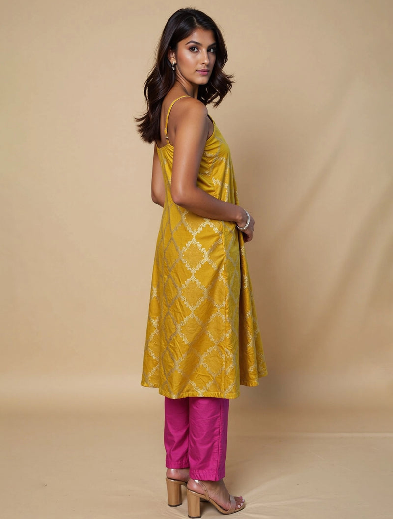 trueBrowns Lime Brocade Flared Kurta Set