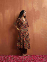 trueBrowns Brown Floral Print Kaftan Kurta Set