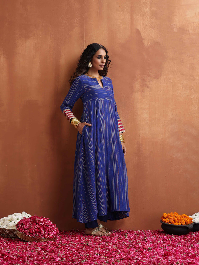 trueBrowns Blue Stripe Flared Anarkali Kurta Set